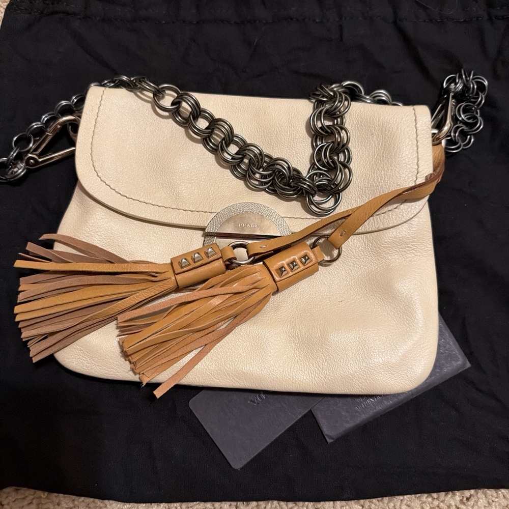 Authentic Prada Leather Tassel Shoulder Bag Chain Strap Vintage